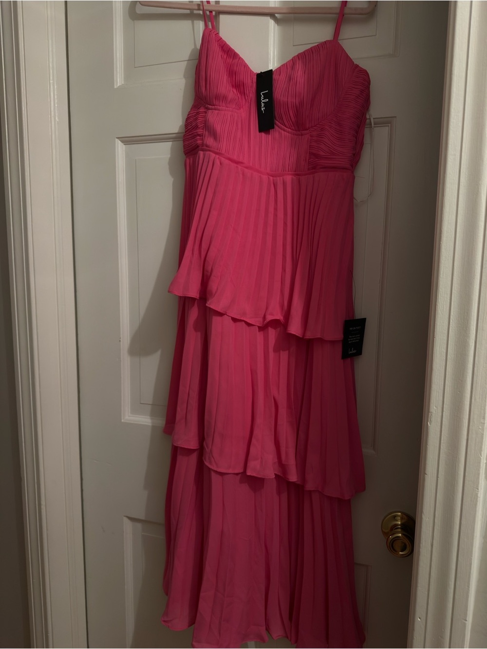 Lulu's Hot Pink Tiered Pleated Strapless Maxi Dress